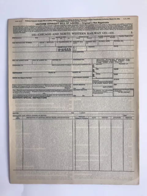 Chicago And North Western Railroad Straight Bill of Lading 2 Sets of (5) forms