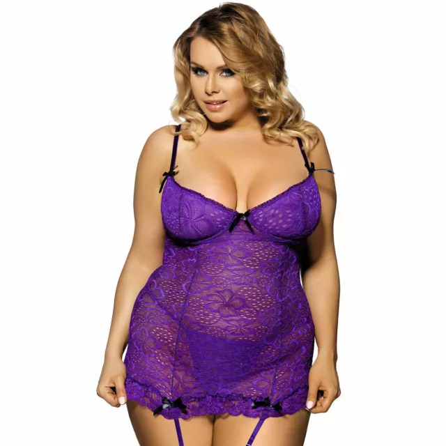 Plus Size Lingerie Purple Lace Garter Slip Babydoll Chemise Womens Size XL - 5XL