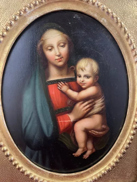 Antique Unique Oil on Cardboard Painting Madonna & Child Gild Wood Frame 19th C