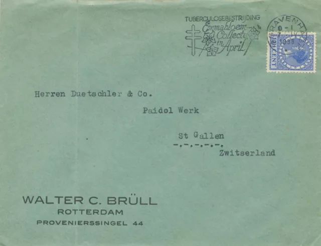 NIEDERLANDE 1938 Königin Wilhelmina 12 ½ C auf Pra.-Brief m TUBERKULOSE-STEMPEL