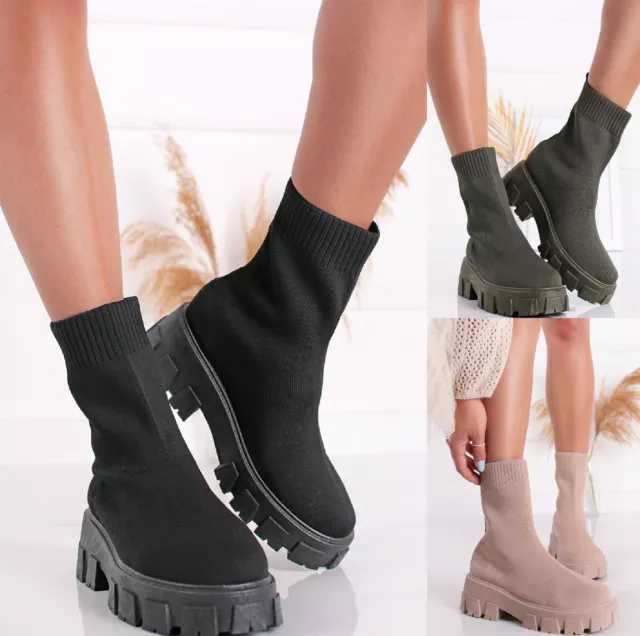 Ladies Womens Flat Chunky Platform Sole Chelsea Slip On Sock Ankle Boots Shoes