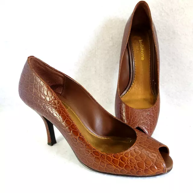 Liz Claiborne Shoes Womens 7.5 M Brown Crocodile Heels Flex Peep Toe