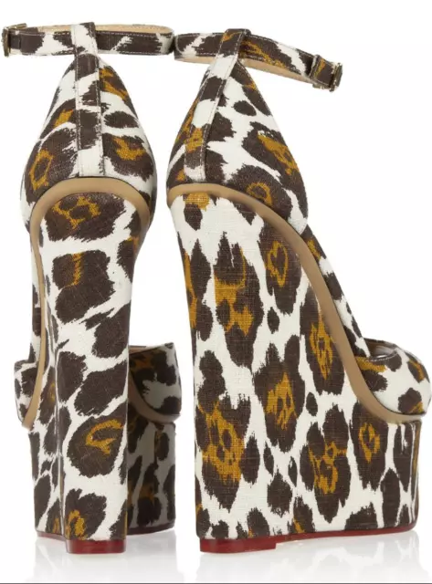 Charlotte Olympia Leopard Print Linen Wedge Sandals Ankle Strap Eu 37 Us 6.5