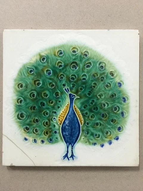 Vintage Majolica Tile  DANCING PEACOCK  6in x 6in Japan . (9217)