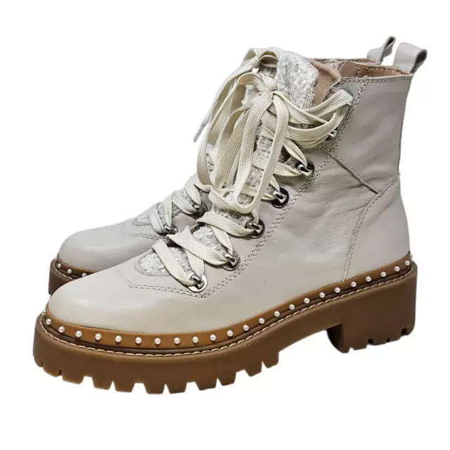 NEW Steve Madden 8 Rainier Cream Leather Lace Up Tweed Pearl Combat Boot Ski