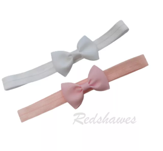 2 Baby Bow Headbands Newborn - 24m Pink & White Soft elastic UK made girls (SB)