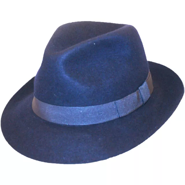 Navy Blue Felt Fedora Hand Made 100% Wool Trilby Hat With Matching Band