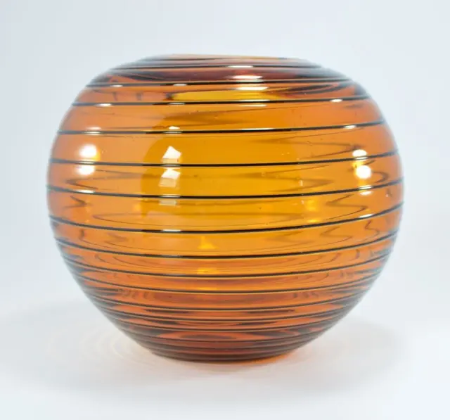 Amber Coloured Modern Glass Globe Vase Vintage  Black Spiral MCM Decorator Piece