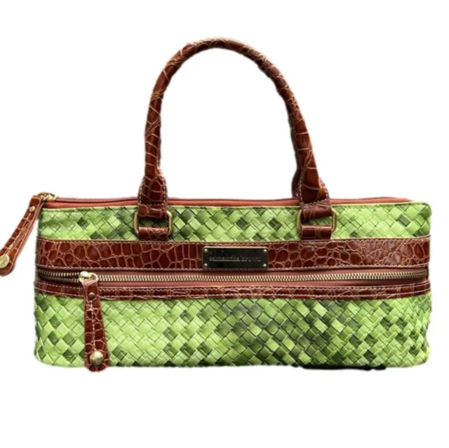 Samantha Brown green woven and brown croc insulated wine purse/lunch bag EUC