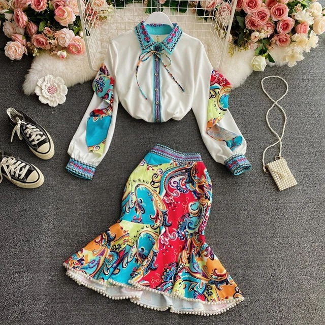 American Nail Bead Inlaid Diamond Lapel Lotus Sleeve Shirt Two Piece Suit