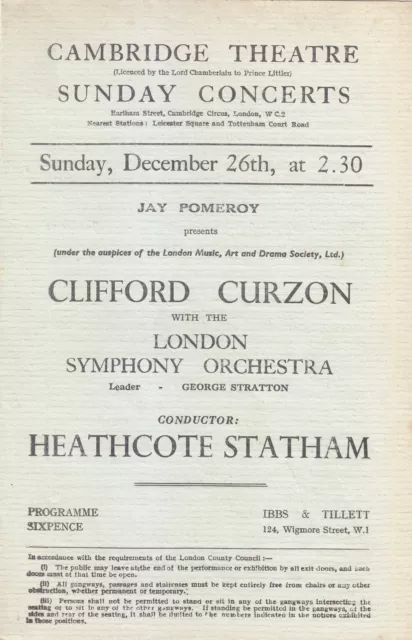 Concert Programme 1943 Cambridge Theatre Clifford Curzon Heathcote Statham