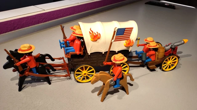 PLAYMOBIL vintage western cowboy chariot bâché double attelage set 3243 de 1976