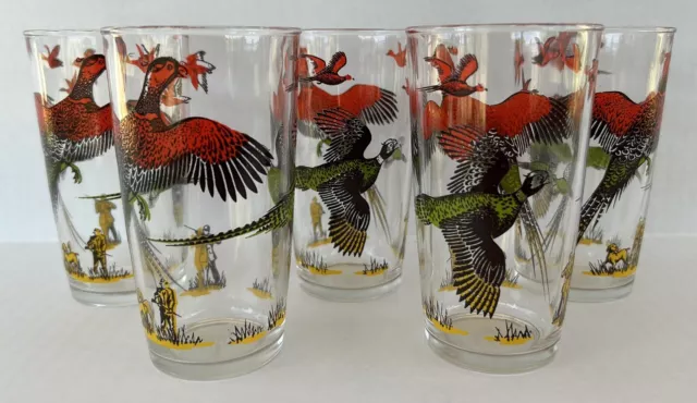 Hazel Atlas Pheasant Glass Tumblers 5" MCM Hunting Scene Set of 5