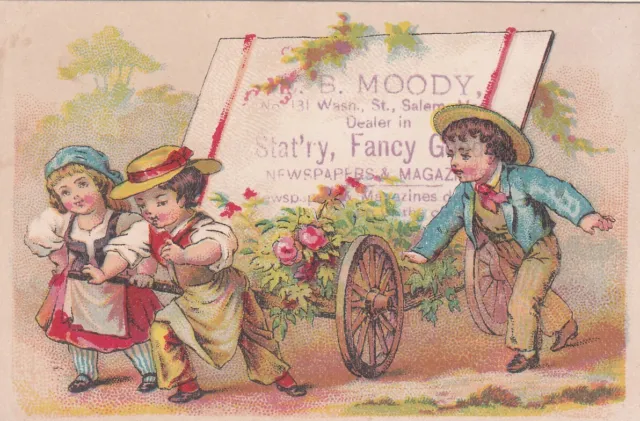 L B Moody Stationery Newspapers Magazines Salem MA Cart Roses Vict Card c1880s