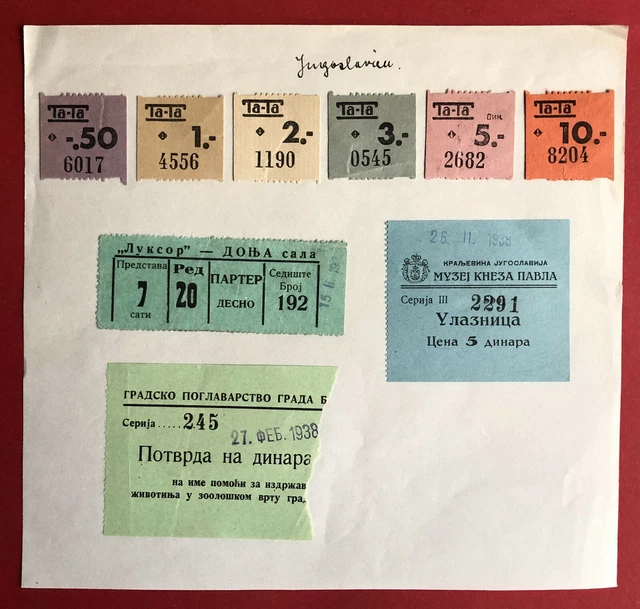 9 alte Fahrscheine auf Papier geklebt JUGOSLAWIEN Autobus Strassenbahn ( F19684