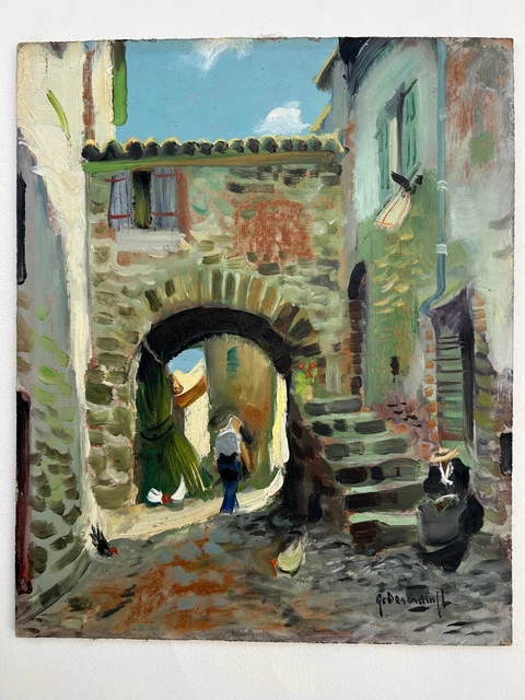 tableau Gabriel DESCHAMPS huile panneau Provence vu de village Vaison la Romaine