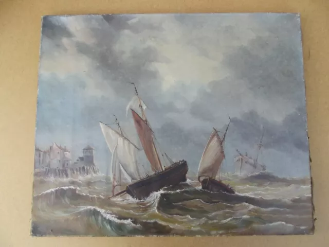 ancien tableau huile sur toile paysage bateaux marins sur la cote tempéte XIX 2