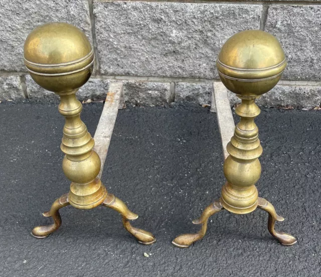 Pair 19th Century Ball Top Brass Andirons W/Spur Legs 15” X 9” X 17”