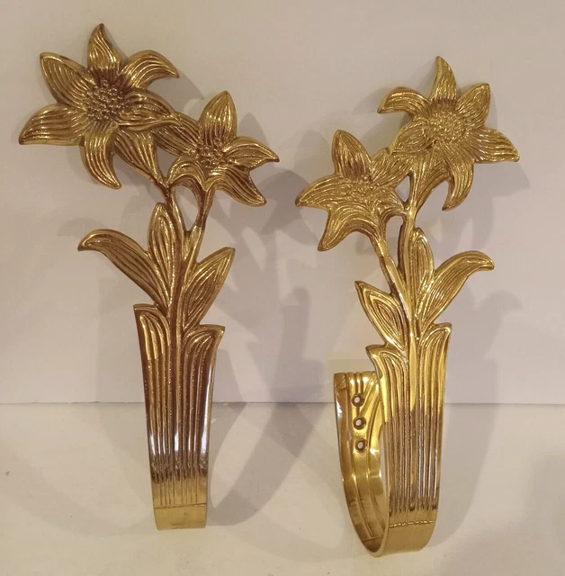 Large Vintage Solid Brass Floral Ribbed Curtain /Drapes Tie Backs/Holders 10"L