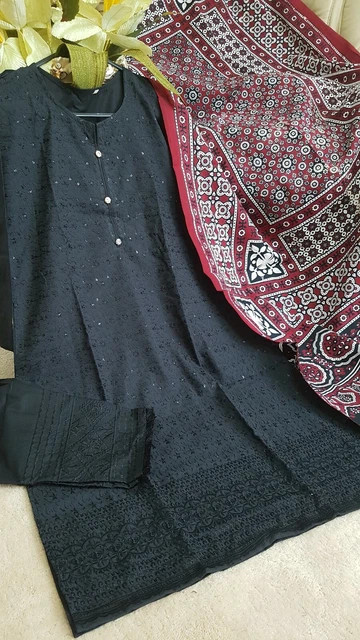 ajrak dupatta with black dress Black Ajrakh Chanderi Silk Dupatta with zari Patti