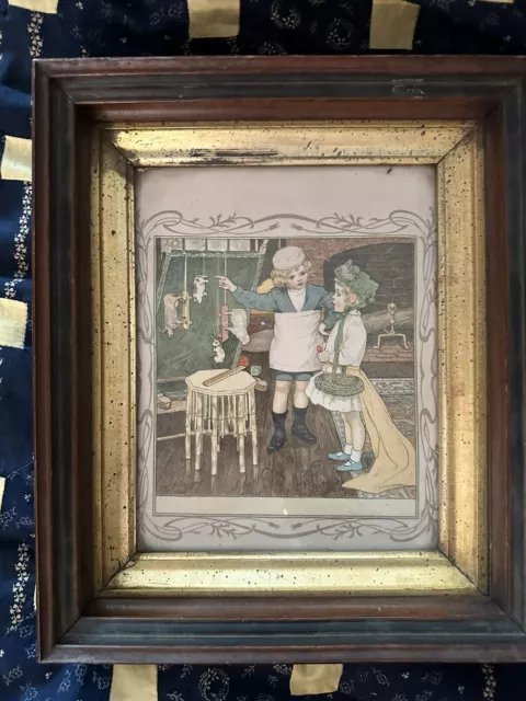 Antique Art Nouveau Lithograph Children Toys Framed Shadow Box Walnut Image