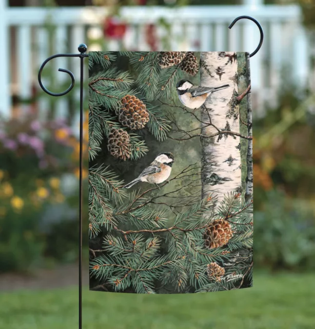 Toland Pinecone Chickadees 12x18 Birch Pine Tree Bird Garden Flag