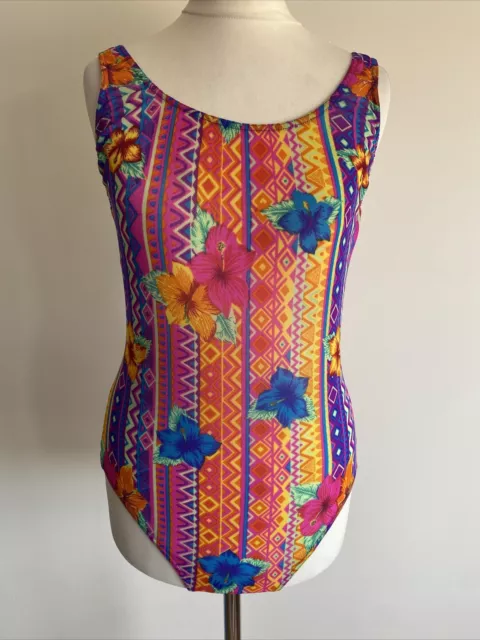 Vintage BEACH WAVE Swimsuit Leotard Size Uk 16 Multi Floral Aztec Mesh beach