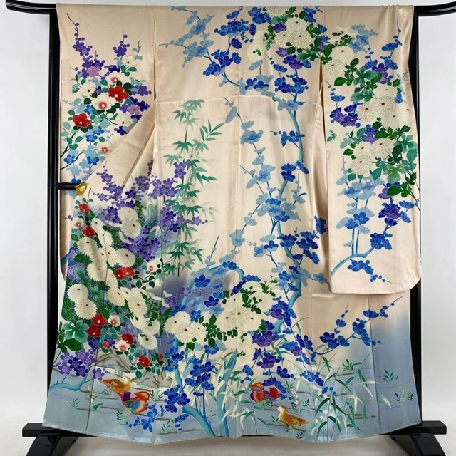 Japanese Kimono Furisode Pure Silk Chrysanthemum Mandarin Duck Light Pink Color