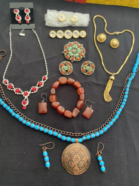 Vintage Mod Jewelry Lot 6 Sets Signed Unsigned Carnelian Copper Rhinestone Glass