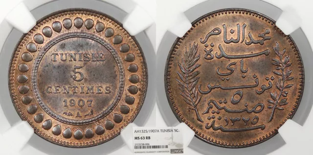 TUNISIA Muhammad al-Nasir Bey AH 1325 / 1907-A 5 Centimes NGC MS-63 RB