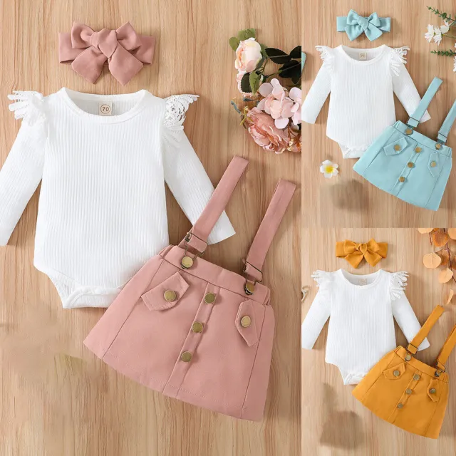 Newborn Baby Girl Ribbed Ruffled Lace Romper Tops Skirt Dress Outfit Set Clothes 3