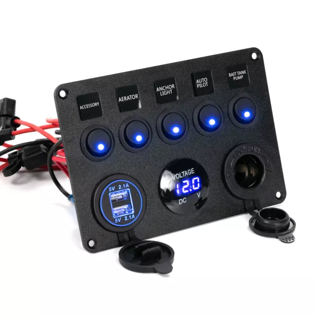 5 Gang Switch Panel 12V/24V Car Boat Marine Blue Waterproof LED Rocker Breaker