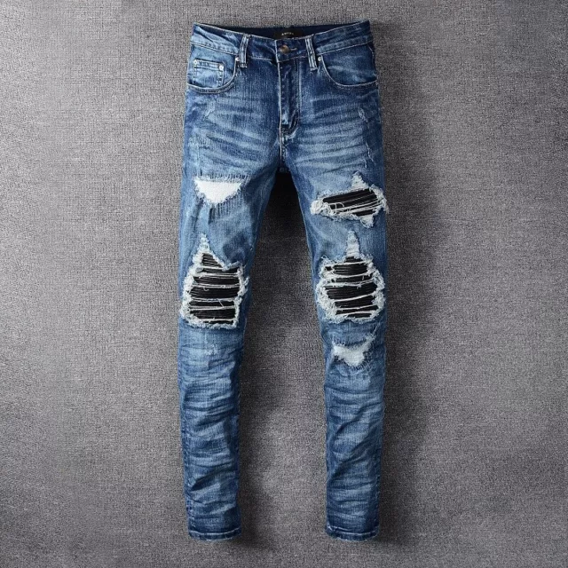 Men’s Ripped Pleated Slim fit PU Patch Jeans Stretch Distressed Blue Biker Pants