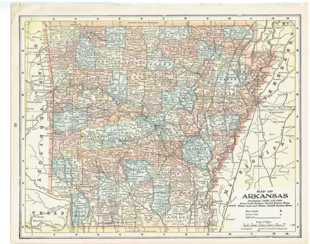 1903 State Map of Arkansas & N/S Dakota Sharp Colors Highly Detailed 10.5x13.5