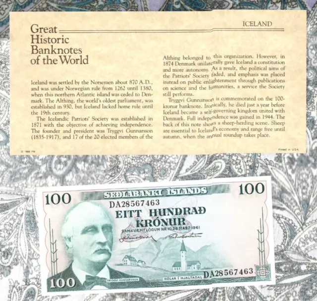 Great Historic Banknotes Iceland 1961 100 Kronur P-44 UNC sign. 43
