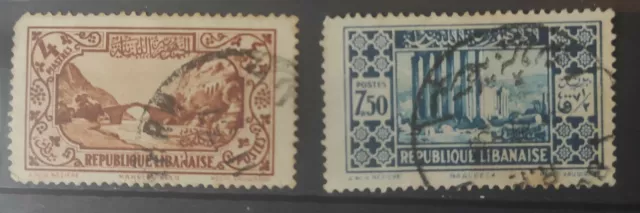 Lebanon 1930 SG171 4p - brown (Nahr-el-Kalb), SG175 7p.50 – blue USED