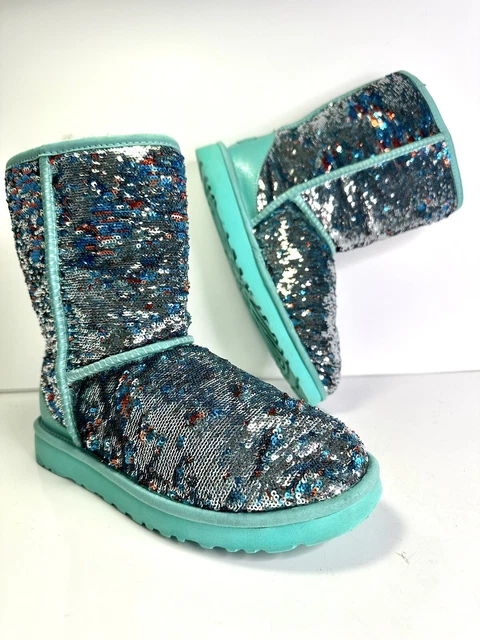 UGG Australia Women's 8 Boots Classic Short Sparkle Sequin Fur Lined 1002978 EUC