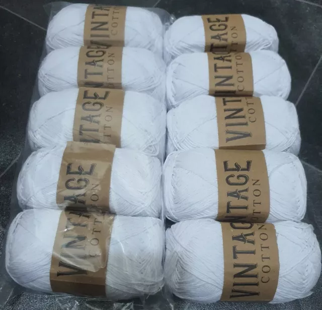 Job lot Vintage Cotton Yarn DK for Knitting / Crochet 10x 100g white V-01