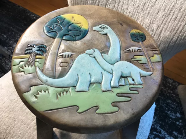 Vtg Thailand Handicraft Ltd CHILDREN'S Hand painted DINOSAUR Wooden Stool