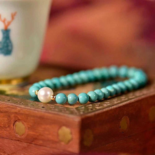 Beautiful Natural Turquoise Beads Freshwater Pearls Bracelet Handmade Fancy Yoga