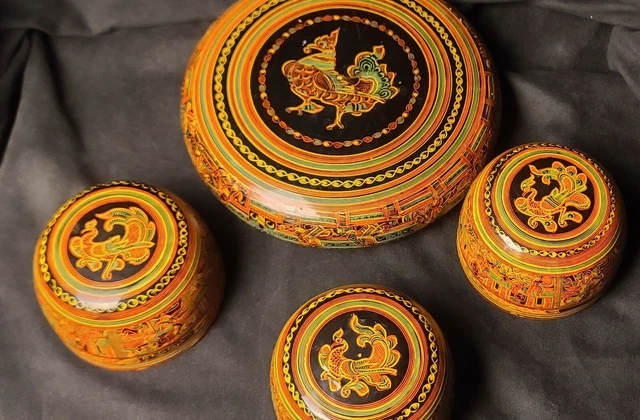 Antique 4 Burmese Lacquerware Bowls Rooster, Orange, black, multicolor 2