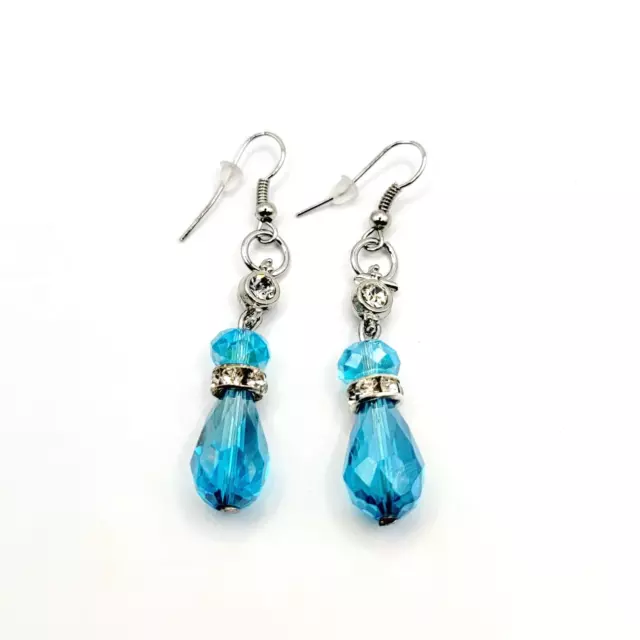 Women's Dangle Drop Hook Earrings Light Blue Color Faceted Bead Metallic Jewelry