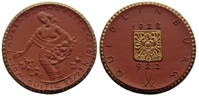 Porzellanmünze, Notgeld Quedlinburg 10 Mark 1922