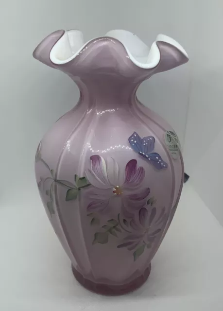 Sold at Auction: Signed by Louise Piper, April 3, 1981 , 9 1/2H x 4 1/2  Dia. Fenton Custard Vase with Hand Painted Pink Flowers with Label, EC