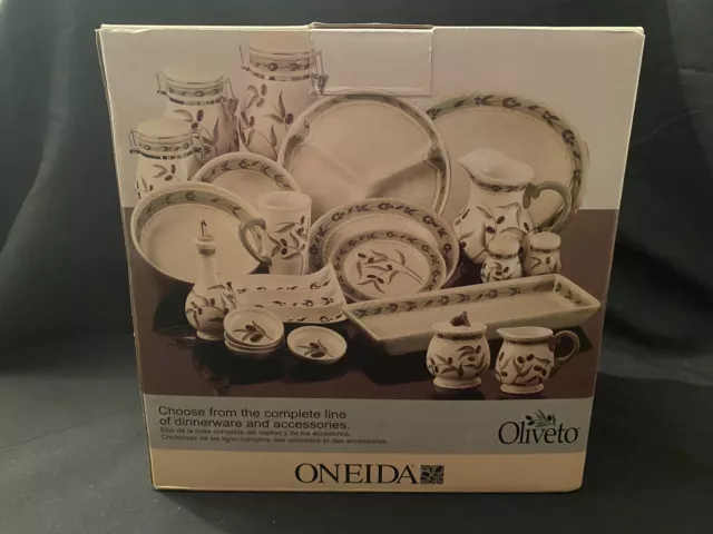 Oneida Dishes Oliveto 3 Pc Stoneware Salad Plate Mug Bowl Olives Green Band New
