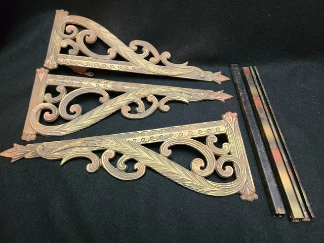 Antique Lot of 3 ORNATE Architectual Salvage Brackets Decorative CURTAIN Rod
