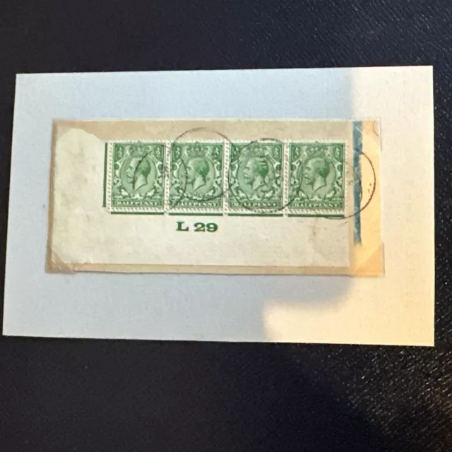 STAMPS -GB ,KING GEORGE V DOWNEY HEAD - 1/2d GREEN - L29 -STRIP OF 4 - ON PIECE