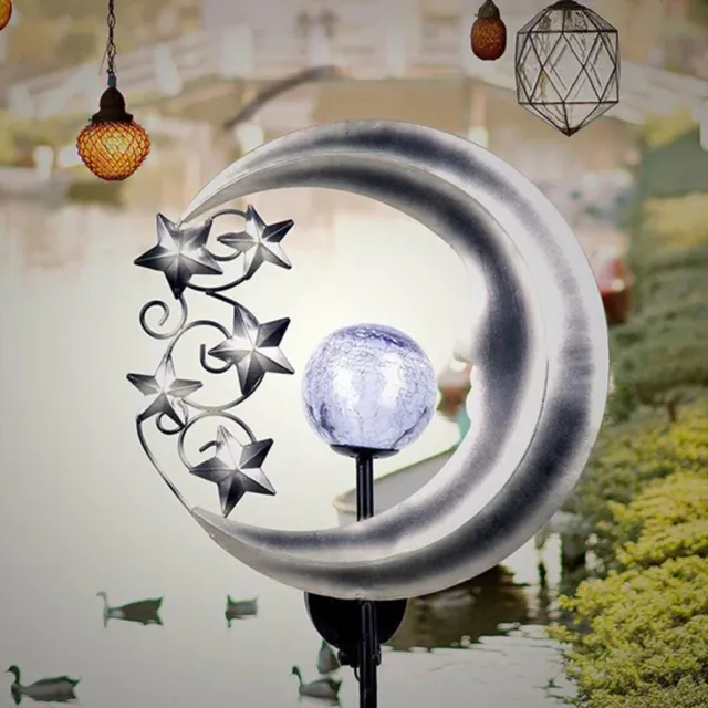 Solar LED Moon Lights Metal Decorative Crackle Glass Globe Stake Garden Light