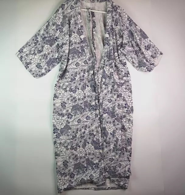 Traditional Japanese Cotton Kimono Robe Womens Size L Blue White Floral Print