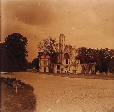 FRANCE Abbaye de Chaalis Ruines c1930 Photo Plaque de verre Stereo Vintage
